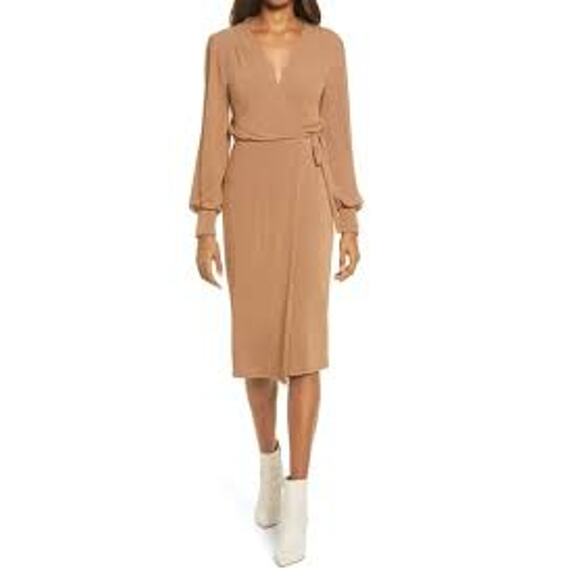 Fraiche By J Womens Sweater Dress Medium Taupe Stretch Wrap Midi Stretch NWT - Picture 1 of 8